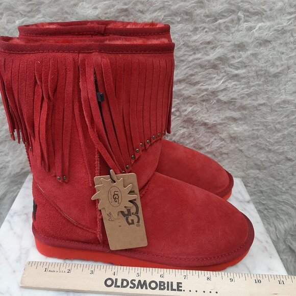UGG Red Sheepskin Double Row of Suede Fringe Boots - Picture 3 of 8